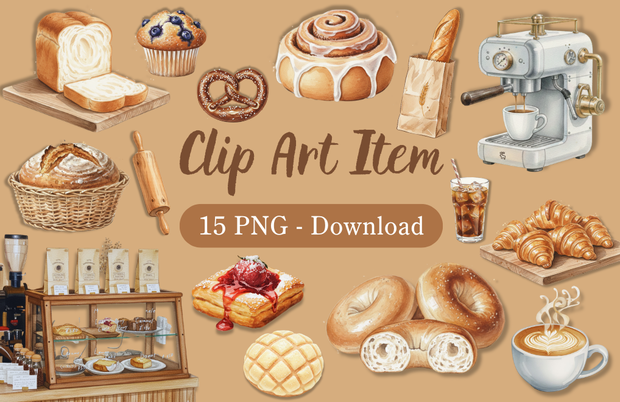 【15点セット】焼きたてベーカリー＆カフェ 水彩画風クリップアート（背景透過PNG）