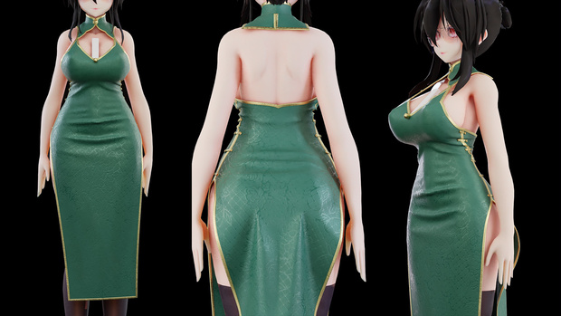《MD Clothing》グリーンの背中開きチャイナドレス