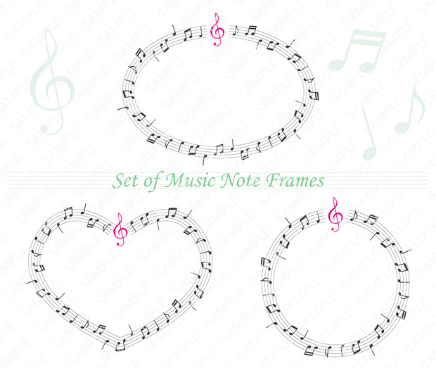 ピンクのト音記号がアクセントの音楽フレームセット（ハート・円形・楕円形）