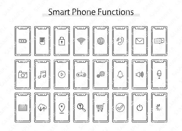 スマホとスマートフォンの機能イメージイラスト　ラインイラストセット/正面【PNG透過/ベクター】