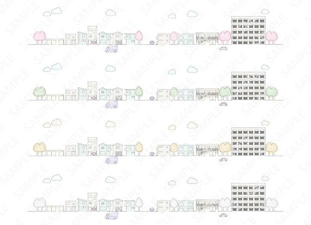 四季の住宅街の街並みセットイラスト【PNG透過/ベクター】