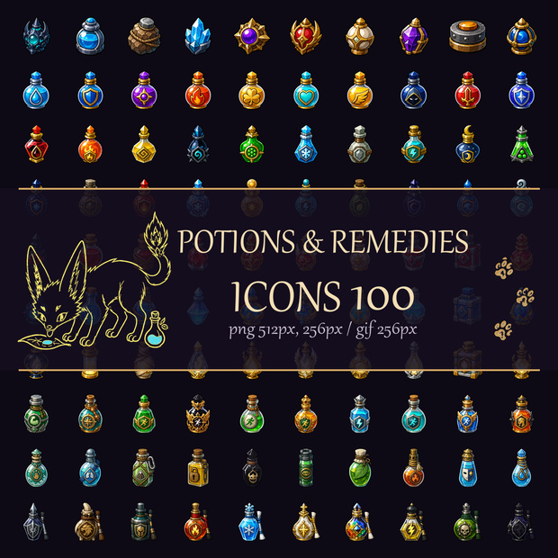 ファンタジーポーション＆回復薬アイコン100種｜ゲーム制作向け