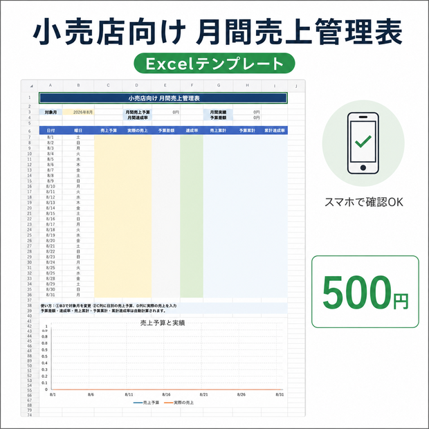 小売店向け 月間売上管理Excel｜予算・実績・達成率・累計を自動計算