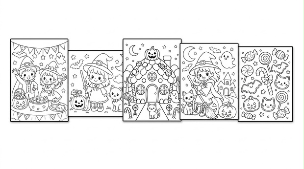 ハロウィン塗り絵 5枚セット｜幼児向け｜「Halloween Coloring Pages｜ A4 PDF 5枚
