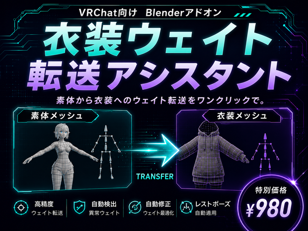 衣装ウェイト転送アシスタント｜改変事故を防ぐ 診断＆自動修復アシスタント（Blender 4.2+/5.0対応）