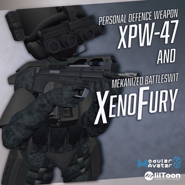 【VRChat想定】Mekanized Battleswit "Xenofury" &  PDW "XPW-47"【アバター向け戦闘服】【アバターギミック】