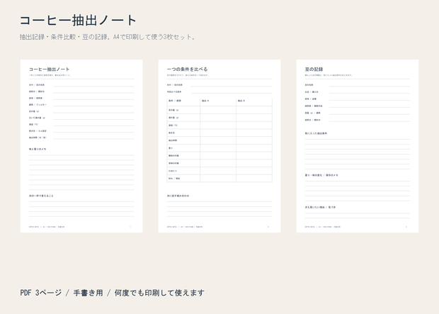 コーヒー抽出ノート｜記録・比較・豆の管理 A4 PDF 3枚
