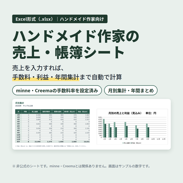 ハンドメイド作家の売上・帳簿シート【minne・Creemaの手数料を自動計算／Excel】