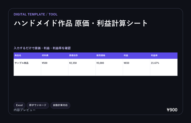 ハンドメイド作品 原価・利益計算シート