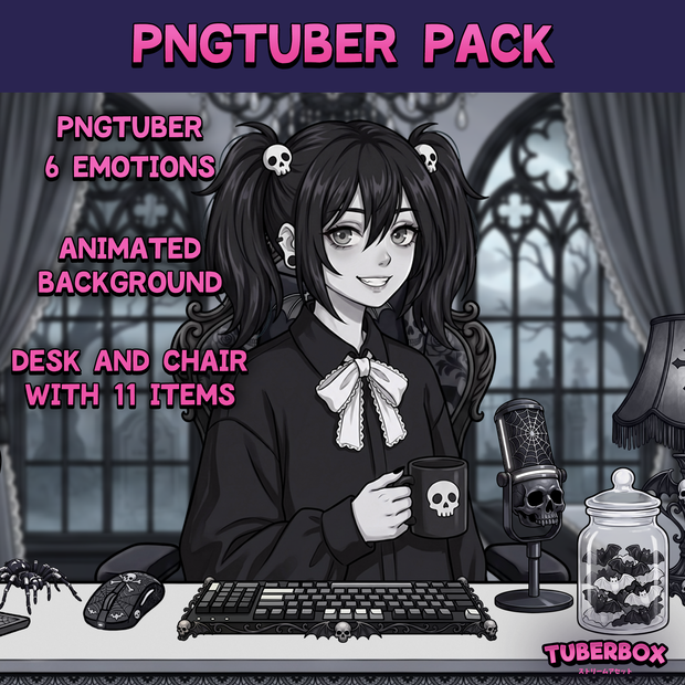 Female PNGTuber - Goth Premade PNGTuber Girl Bundle - Cute Gothic Victorian PNG Tuber Model - VeadoTube - Animated Background, VTuber Assets