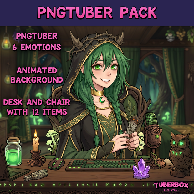 Female Premade PNGTuber Bundle - Earth Witch PNG Tuber Model - VeadoTube - Forest Cottage Vtuber Animated Background, VTuber Stream Assets