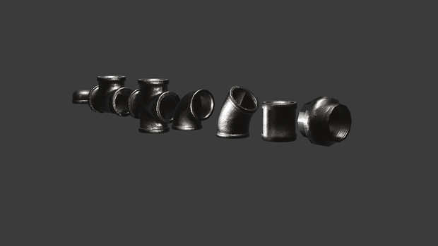 【３Dデータ】ねじ込み配管継手_７種セット（キャップ・チーズ・クロス・90°エルボ・４５°エルボ・ソケット・ユニオン）