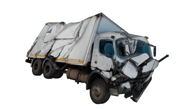 Derelict small cargo van amid debris