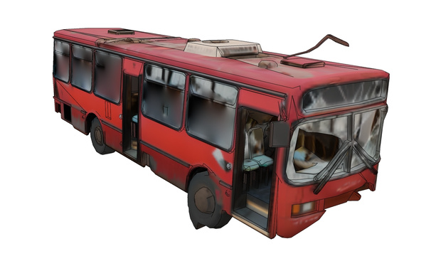 Abandoned bus in ruins