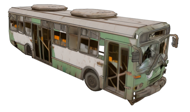 Derelict transit bus amid debris