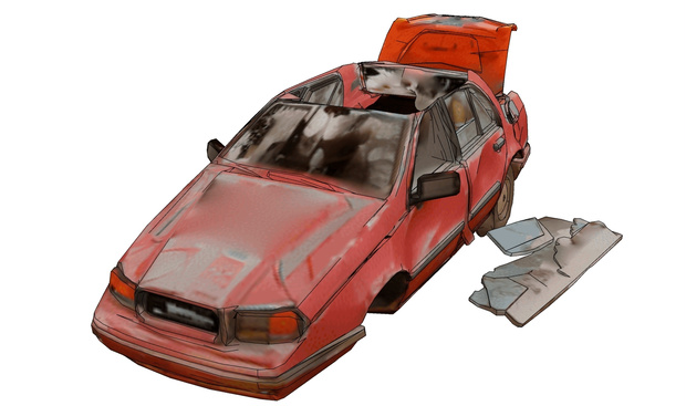 Derelict red car amid debris