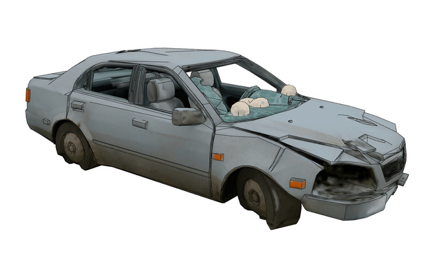 Wrecked plain car among ruins