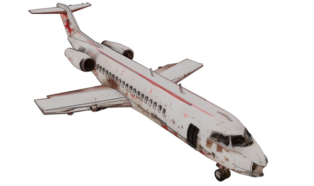 Wrecked civil aircraft among ruins