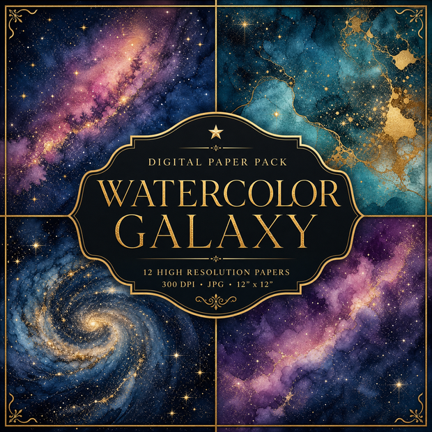 【Galaxy】幻想的な水彩ギャラクシー - 高級デジタルペーパー10枚セット / Watercolor Galaxy Digital Paper Packouch