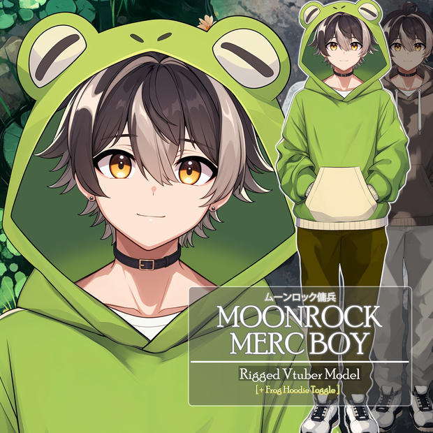 【Live2D】Moonrock Merc Boy Plus Frog Hoodie Outfit Toggle, Premade Live2D Male Vtuber, Rigged Vtuber Model, Instant Download, Commercial Use