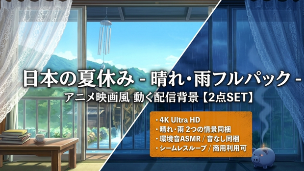 【4K・2点SET】アニメ映画風 動く配信背景「日本の夏休み」晴れ＆雨フルパック【極上ASMR環境音/音なし同梱】