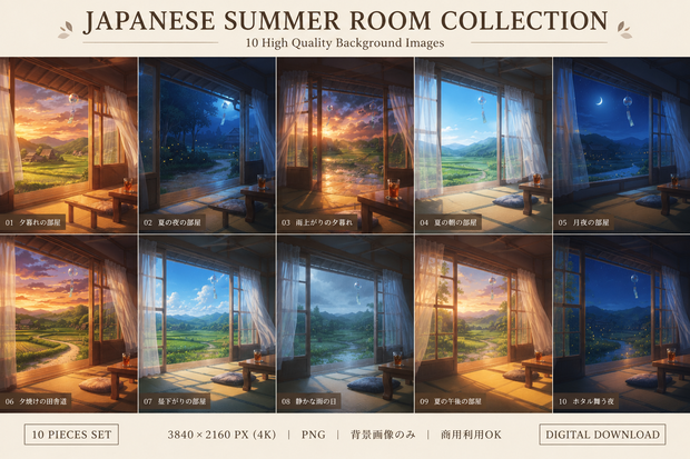 Japanese Summer Room Collection｜4K背景素材10枚セット｜田舎×風鈴×夕焼け×夜