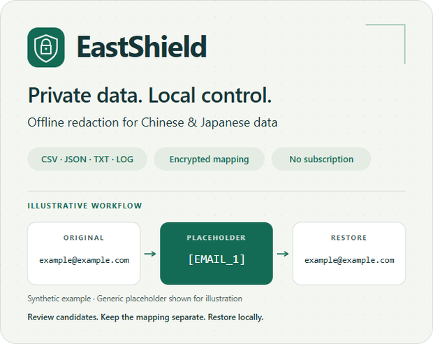 EastShield｜中国・日本の個人情報をオフラインで置換・復元（CSV / JSON / ログ）