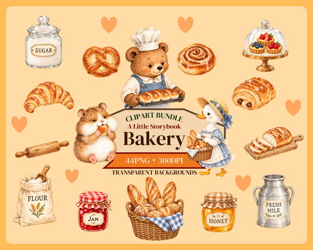 【OPENING SALE 25%OFF】Watercolor Bakery Clipart Bundle, 44 PNG, Storybook Animals, Bread Illustrations (Digital Download)