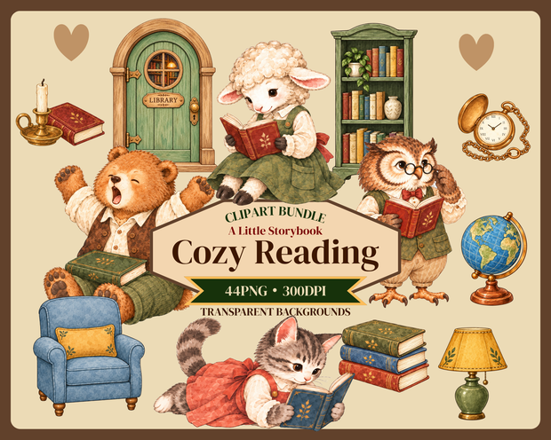 【OPENING SALE 25%OFF】Cozy Reading Clipart Bundle, 44 PNG, Storybook Animals, Book Lover Watercolor Illustrations