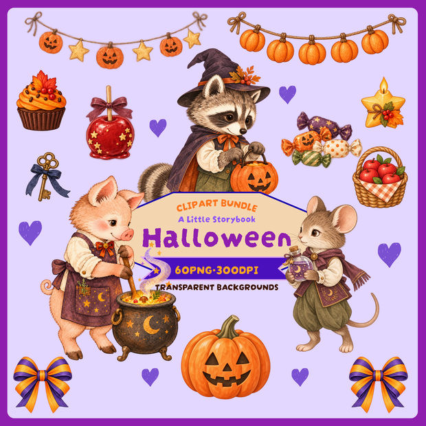 【OPENING SALE 25%OFF】Watercolor Halloween Clipart Bundle, 60 PNG, Storybook Animals, Pumpkins & Cozy Autumn Illustrations (Digital Download)