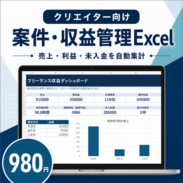 【Excel】クリエイター向け案件・収益管理｜売上・利益・実質時給・未入金を自動集計