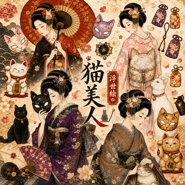 猫美人 〜浮世絵〜　コラージュ素材