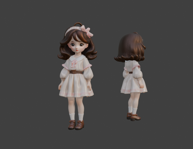 3D プリント用 STL データ ピンクリボンワンピース少女 Q 版キャラフィギュア