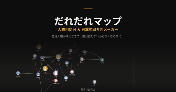 登場人物が増えすぎて誰が誰だかわからなくなったので、相関図と家系図を作れるツールを作りました