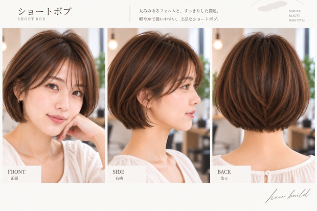 【BASIC｜王道・定番】美容師・ヘアサロン向け ヘアカタログ素材｜ショートボブ｜3方向＋商品説明｜商用利用OK