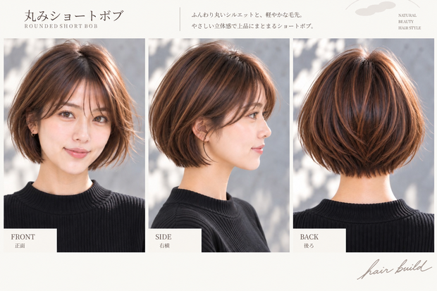 【商用利用OK】美容師・ヘアサロン向け ヘアカタログ素材｜丸みショートボブ｜3方向＋商品説明