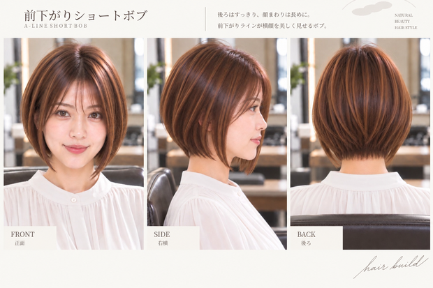 【BASIC｜王道・定番】美容師・ヘアサロン向け ヘアカタログ素材｜前下がりショートボブ｜3方向＋商品説明｜商用利用OK
