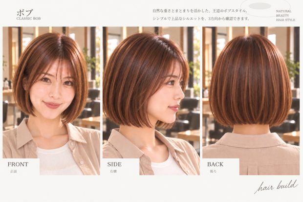 【BASIC｜王道・定番】美容師・ヘアサロン向け ヘアカタログ素材｜王道ボブ｜3方向＋商品説明｜商用利用OK