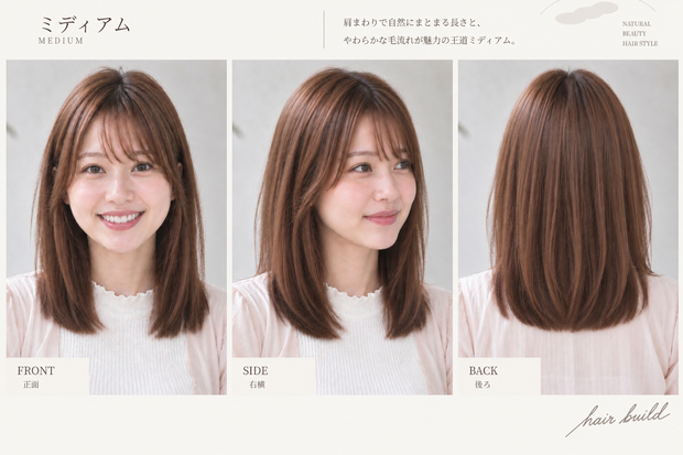 【BASIC｜王道・定番】美容師・ヘアサロン向け ヘアカタログ素材｜ミディアム｜3方向＋商品説明｜商用利用OK