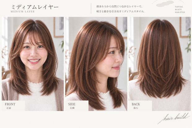 【TREND｜トレンド】美容師・ヘアサロン向け ヘアカタログ素材｜ミディアムレイヤー｜3方向＋商品説明｜商用利用OK