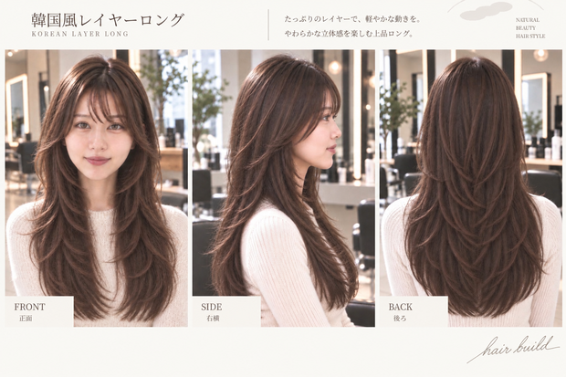 【商用利用OK】美容師・ヘアサロン向け ヘアカタログ素材｜韓国風レイヤーロング｜3方向＋商品説明
