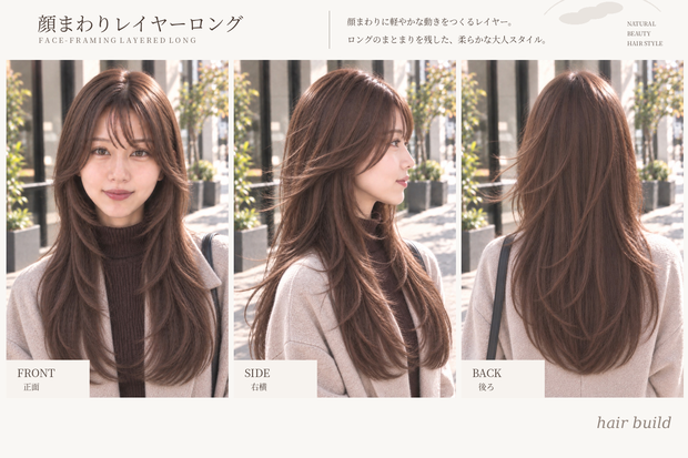 【TREND｜トレンド】美容師・ヘアサロン向け ヘアカタログ素材｜顔まわりレイヤーロング｜3方向＋商品説明｜商用利用OK