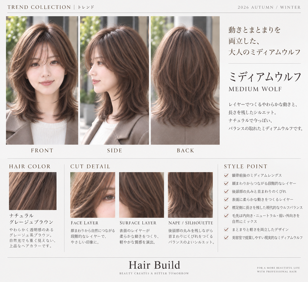 【TREND COLLECTION｜ミディアムウルフ】美容師・ヘアサロン向け ヘアカタログ素材｜FRONT・SIDE・BACK＋商品説明｜商用利用OK