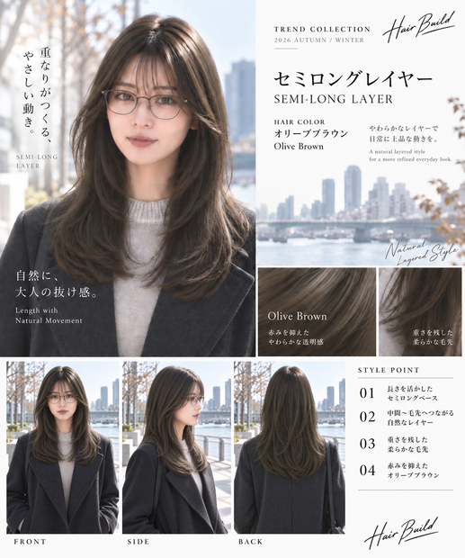 【TREND COLLECTION｜セミロングレイヤー】美容師・ヘアサロン向け ヘアカタログ素材｜FRONT・SIDE・BACK＋商品説明｜商用利用OK
