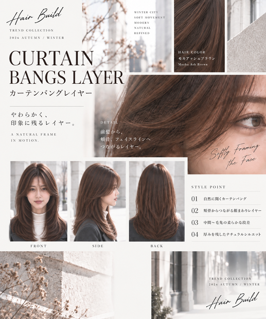 【TREND COLLECTION｜カーテンバングレイヤー】美容師・ヘアサロン向け ヘアカタログ素材｜FRONT・SIDE・BACK＋商品説明｜商用利用OK