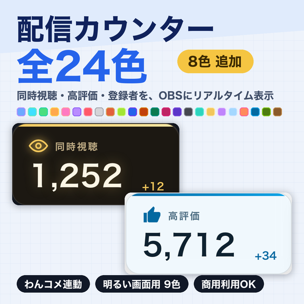 【YouTube Live】同接・高評価・登録者カウンター STREAM COUNTER 全24色｜明るい配信画面用9色つき・配信オーバーレイ【OBS/わんコメ対応・商用可】