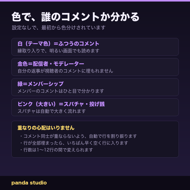 【OBSに置くだけ】流れるコメント 全8テーマ｜画面の上を右から左へ・コメント欄の場所が要らない【わんコメ連動・商用可】
