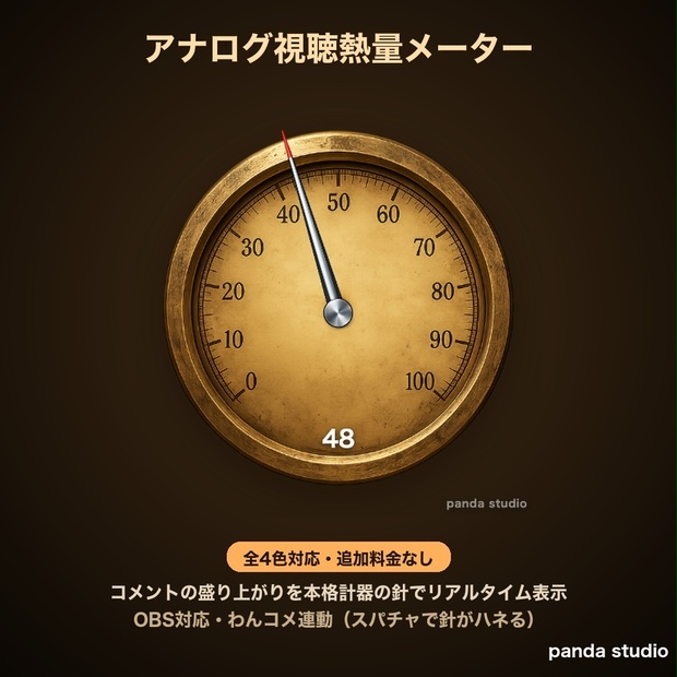 【わんコメ】アナログ視聴熱量メーター 全4色｜コメントの盛り上がりを本格計器の針でリアルタイム表示【OBS・商用可】