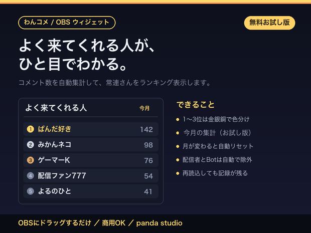 【無料】わんコメ用 常連ランキング お試し版｜コメント数で自動集計【OBS対応】