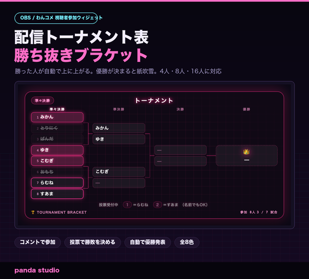 【OBS/わんコメ】配信トーナメント表 勝ち抜きブラケット 全8テーマ｜視聴者参加型・コメント投票で勝敗を決められる【商用可】